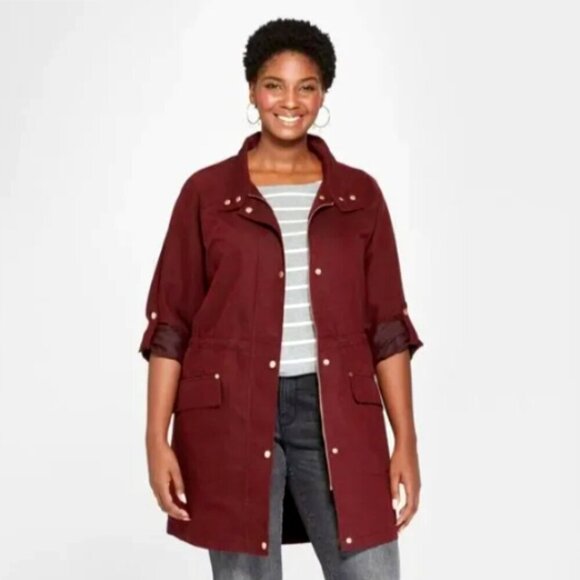 AVA VIV Burgundy Zip/Button Anorak Utility Jacket Hooded Plus Sz 1X #349G - Picture 1 of 12